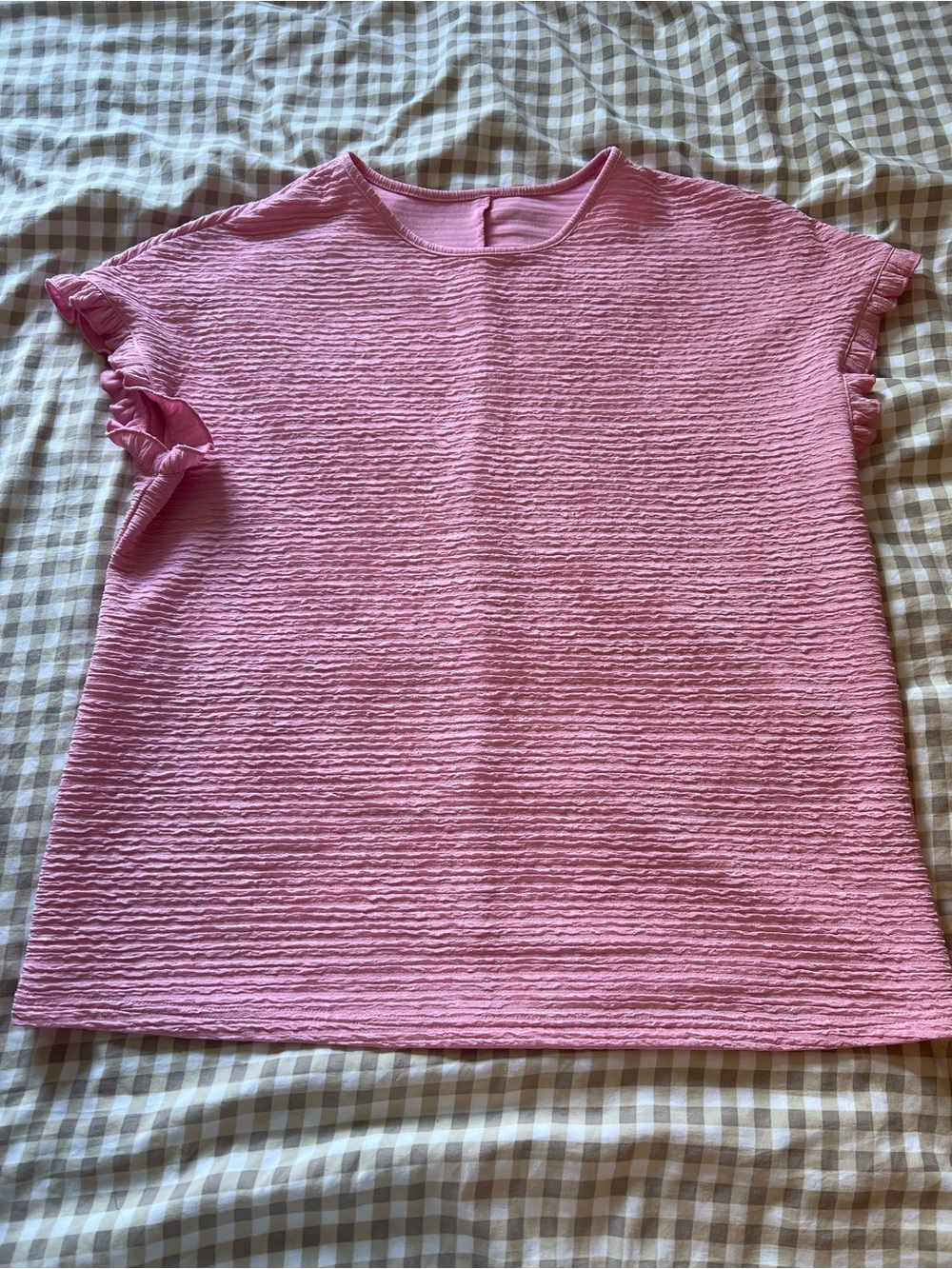 Pink Textured Short Sleeve Top with Ruffle Sleeve Detail